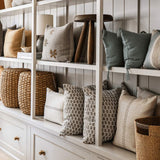 Reverse and detail view of the Linea Ivory and Chocolate Lumbar Pillow, showing the hidden zipper closure and linen texture