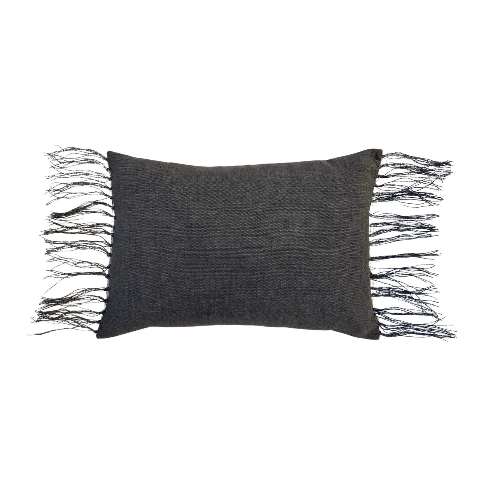 Ines Charcoal Lumbar Pillow by One Bi One — dark gray Belgian linen with wool hand embroidery and fringe edges, handcrafted in Gothenburg, Sweden