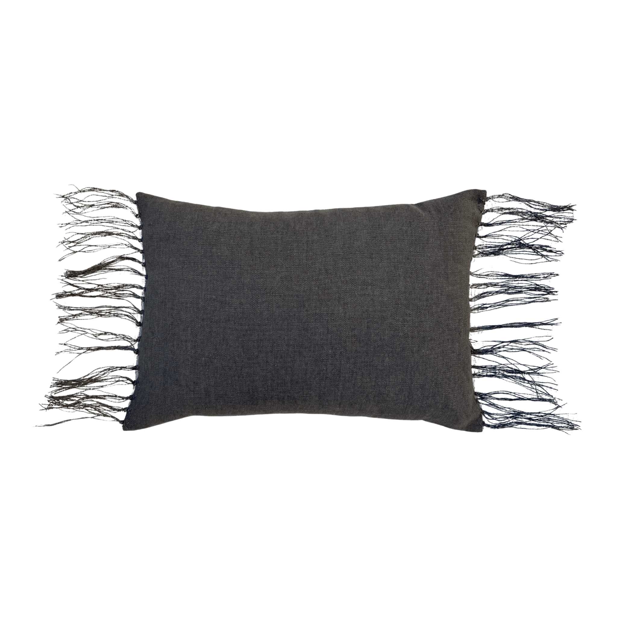 Ines Charcoal Lumbar Pillow by One Bi One — dark gray Belgian linen with wool hand embroidery and fringe edges, handcrafted in Gothenburg, Sweden