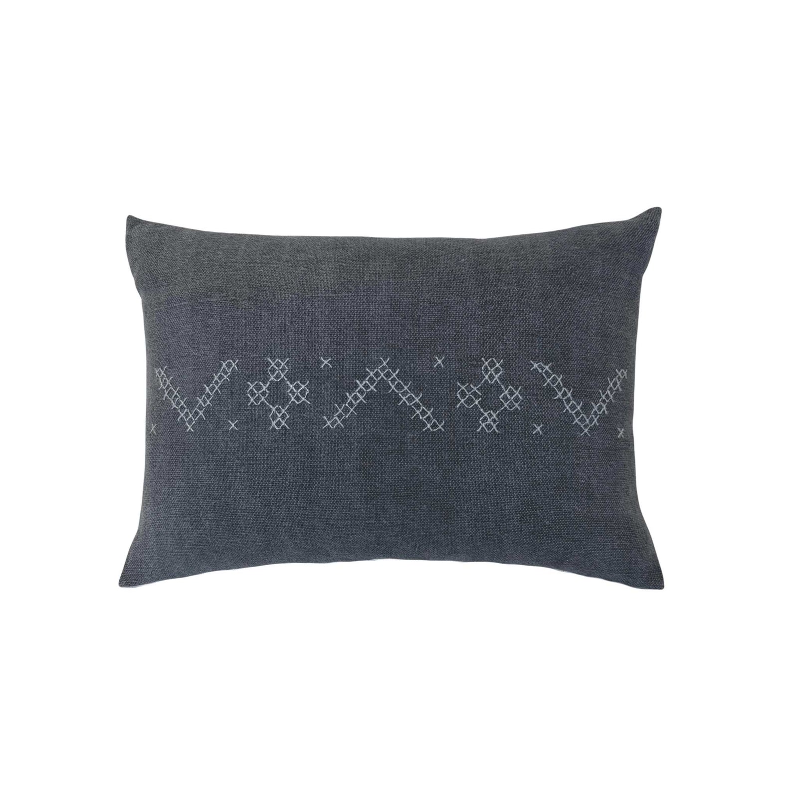 Alma Gray Lumbar Pillow by One Bi One — gray-blue Belgian linen with wool hand embroidery, handcrafted in Gothenburg, Sweden