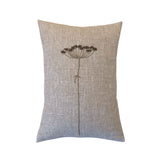 Wildflower Taupe Lumbar Pillow by One Bi One — hand-embroidered wool floral motif on Belgian linen, handcrafted in Gothenburg, Sweden