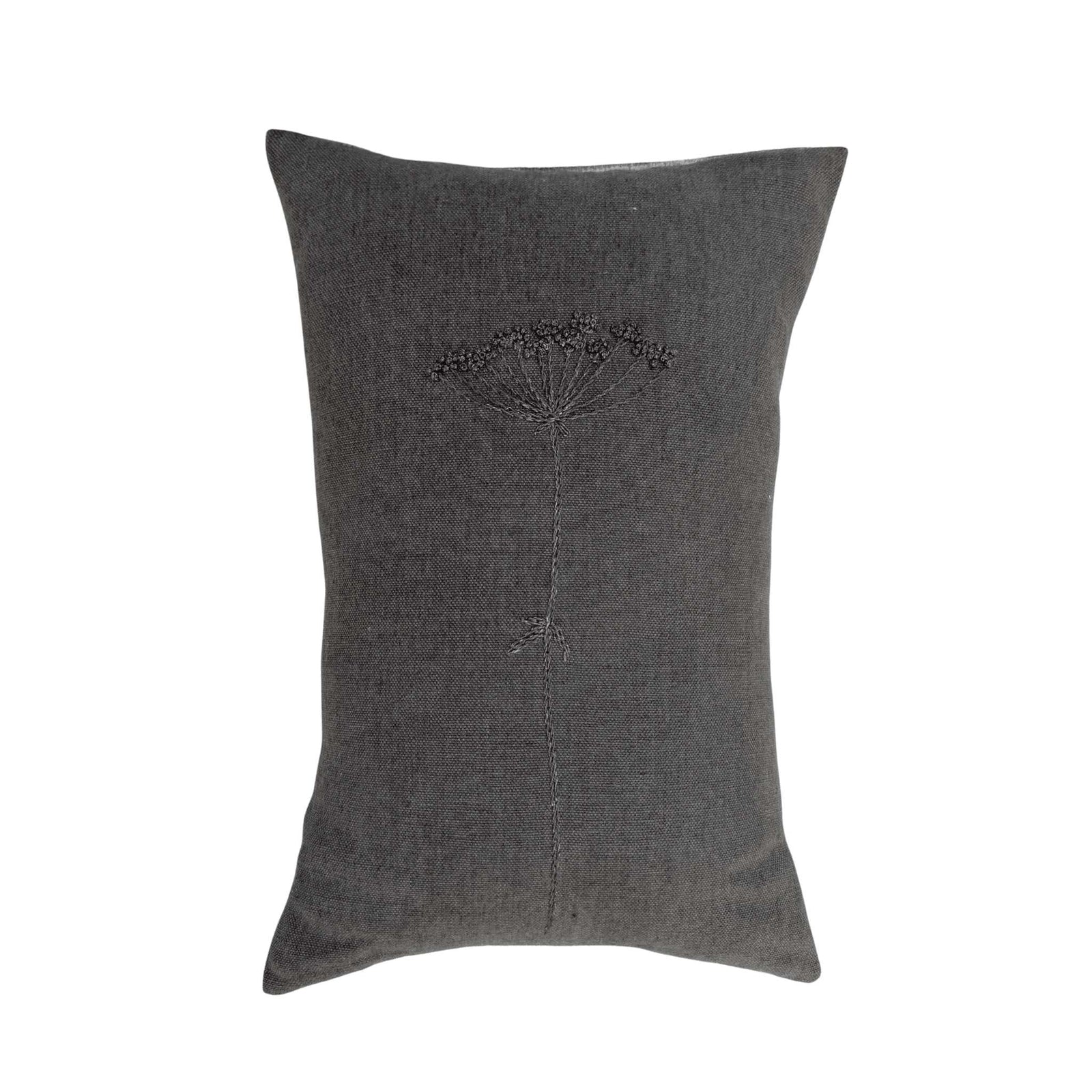 Wildflower Charcoal Lumbar Pillow by One Bi One — hand-embroidered wool wildflower motif on Belgian linen in deep charcoal, handcrafted in Gothenburg, Sweden