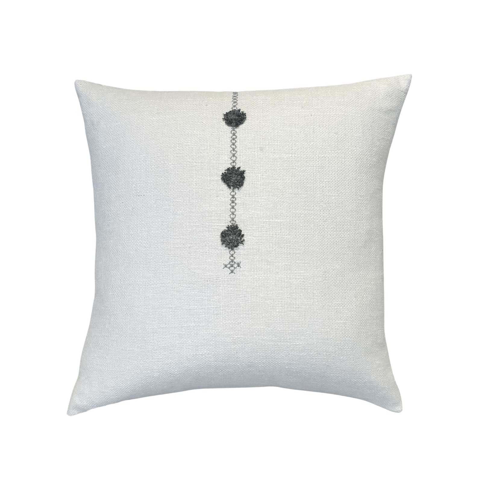 Flora Teal & Olive Pillow by One Bi One — Belgian linen with hand-embroidered rosette motifs in teal and olive, handcrafted in Gothenburg, Sweden