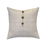 Flora Mustard Pillow by One Bi One — hand-embroidered Belgian linen with rosette motifs in mustard-brown thread, handcrafted in Gothenburg, Sweden