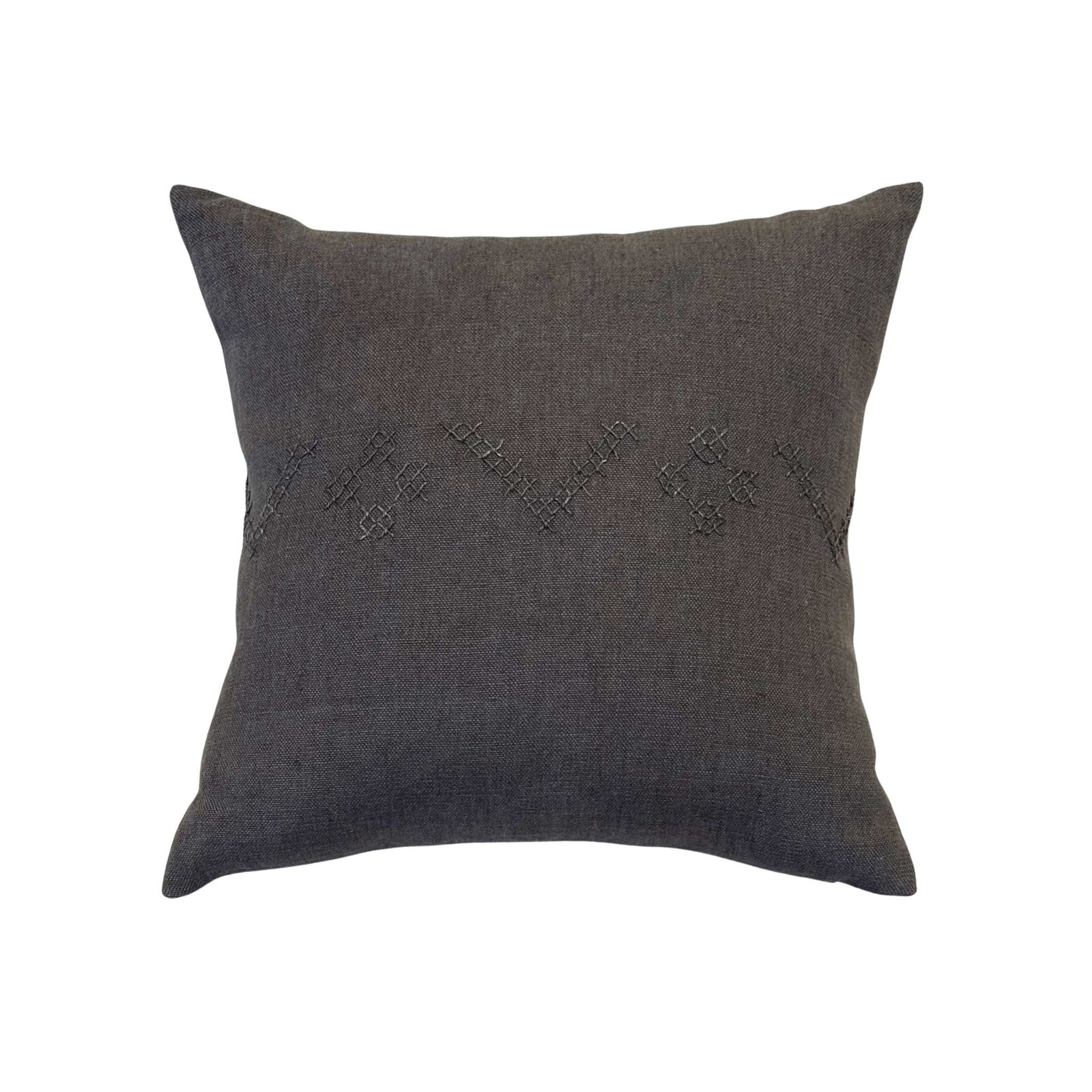 Alma Charcoal Pillow by One Bi One — Belgian linen with wool hand embroidery in charcoal, handcrafted in Gothenburg, Sweden