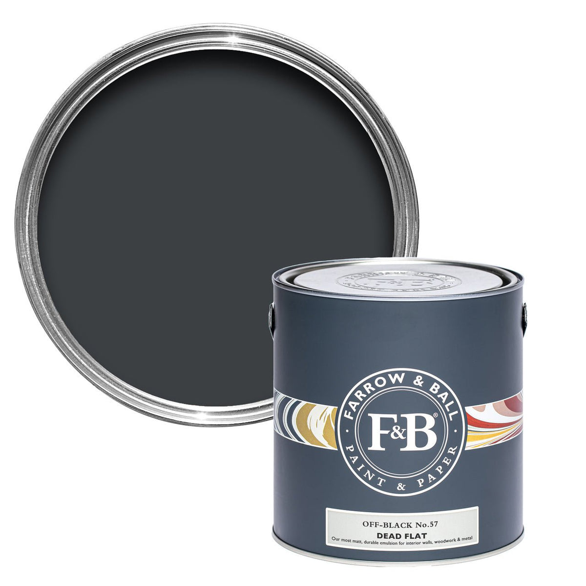 Farrow & Ball Off-Black No.57 paint tin and color swatch