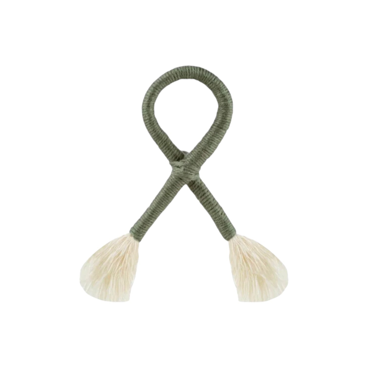 Calimia Home olive green nautical knot napkin ring with cream-colored tassel ends for coastal table decor.