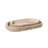 Oval Raffia Tray with Leather Trim showing woven raffia texture and white leather edge, front view