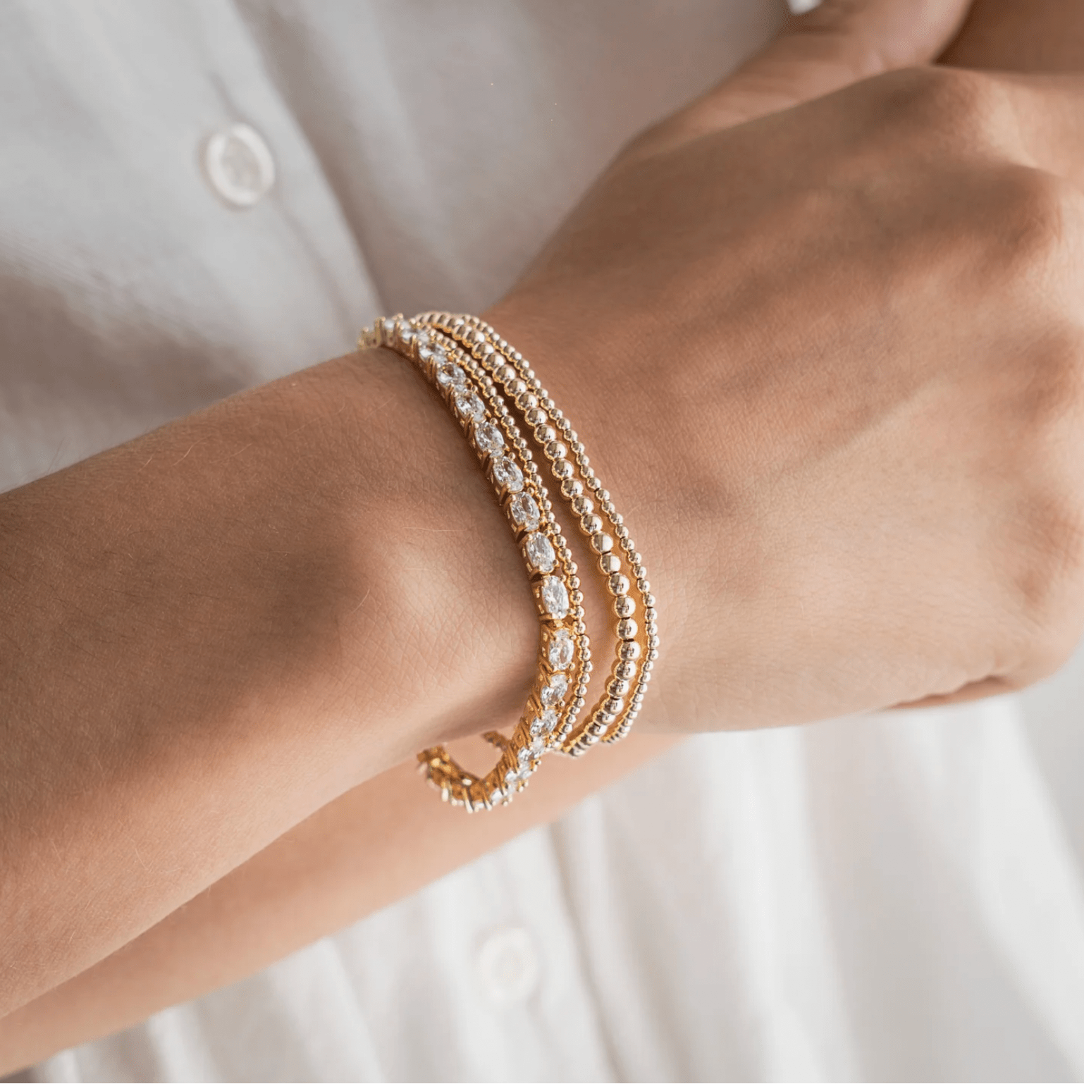 Detail of oval crystal stones on tennis bracelet