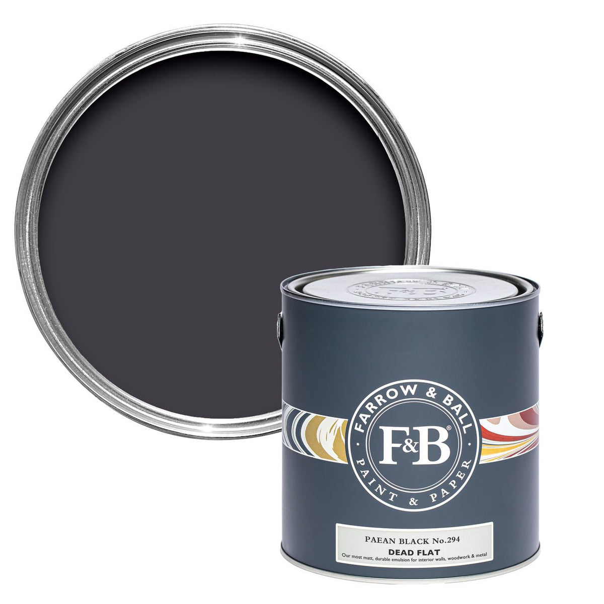 Farrow & Ball Paean Black No.294 paint tin and color swatch
