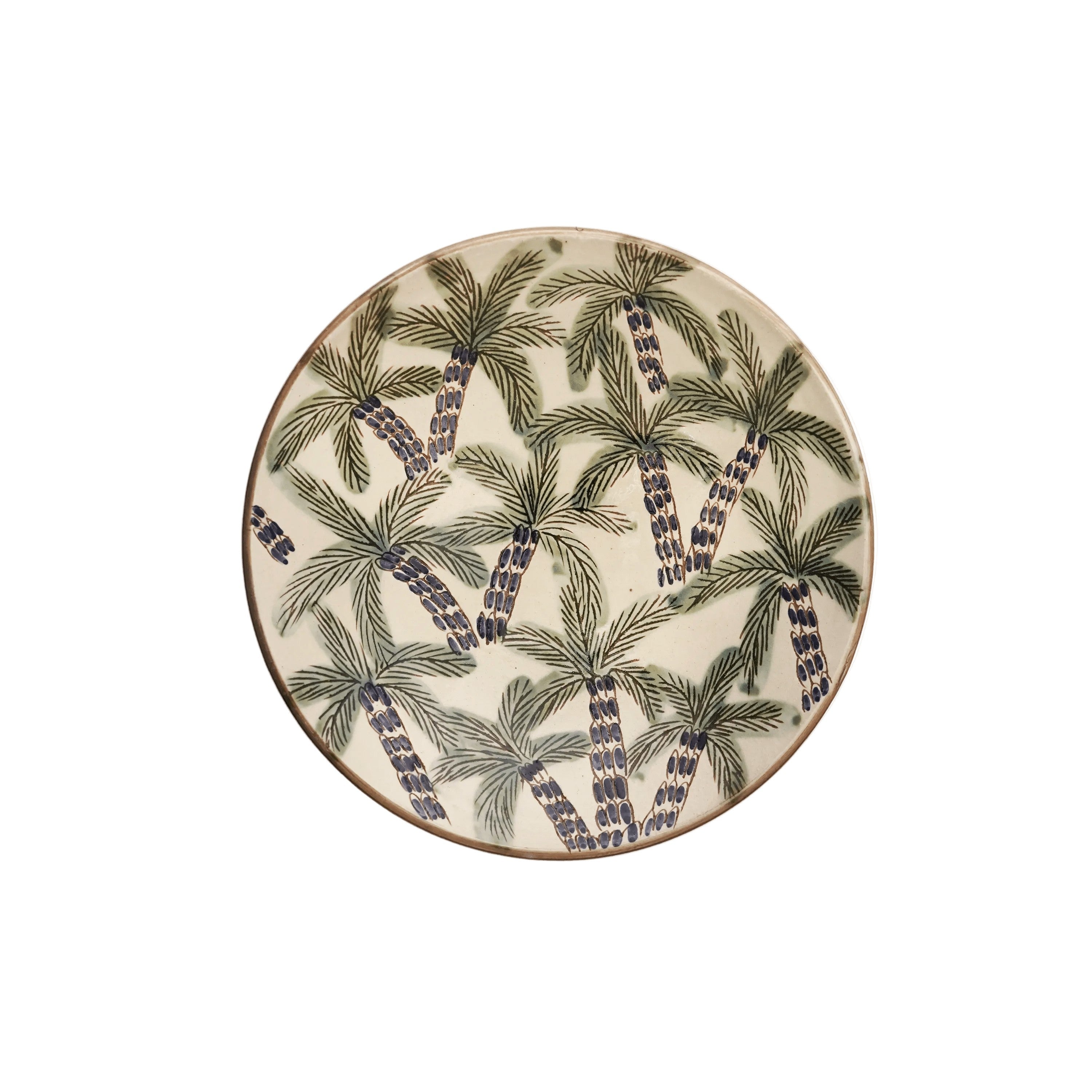 Kiliim Palm Grove ceramic large plate, hand-painted green palm motif on glazed clay, made in Tunis, Egypt