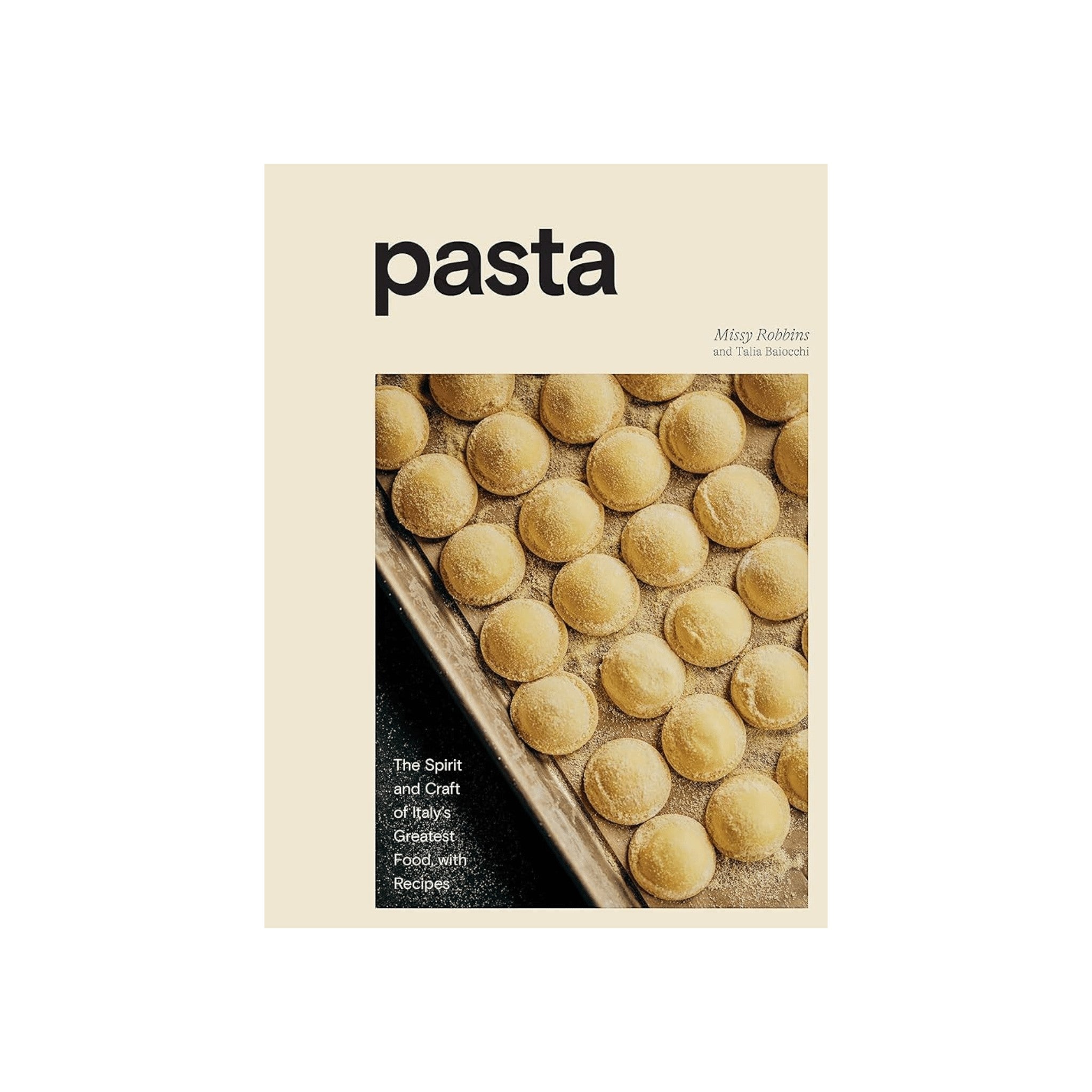 Calimia Home Pasta cookbook cover featuring a tray of handmade round pasta shapes on a cream background