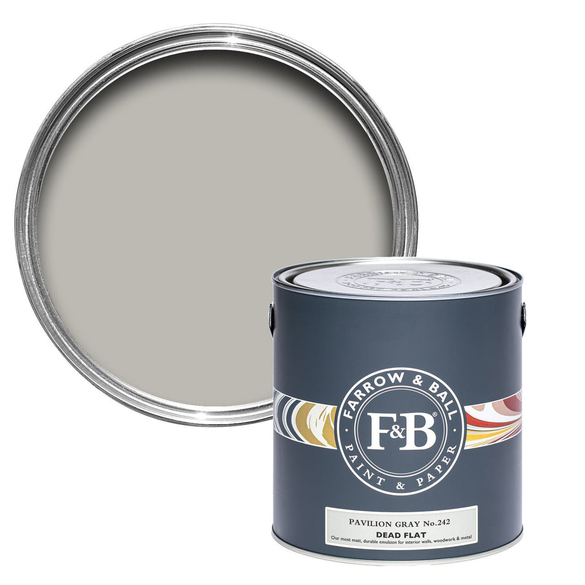 Farrow & Ball Pavilion Gray No.242 paint tin and color swatch
