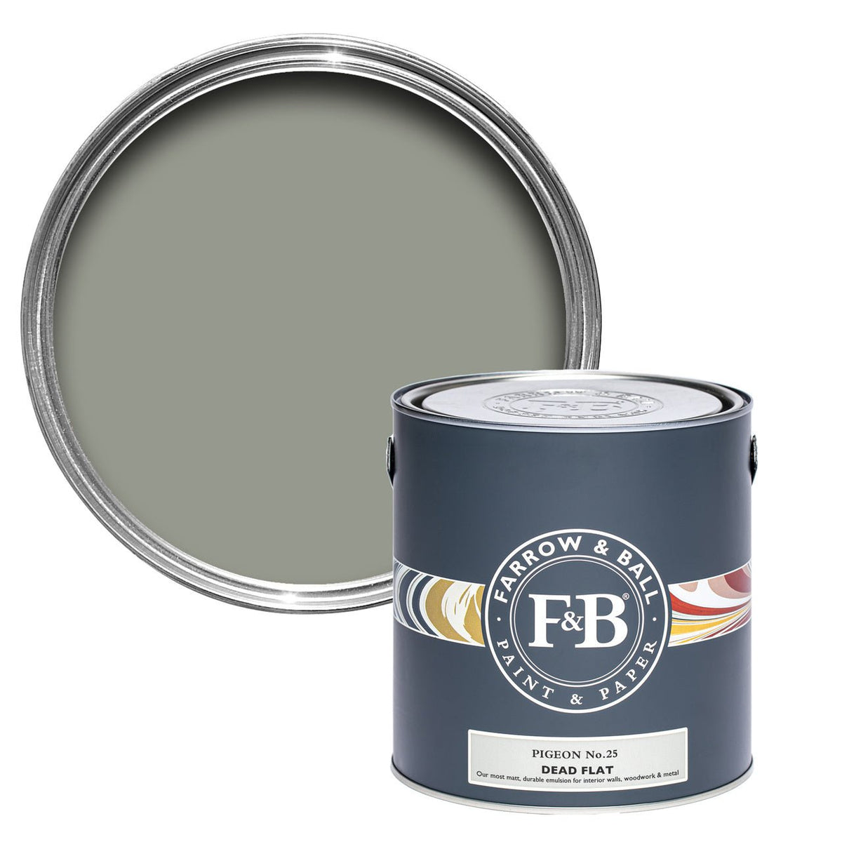 Farrow & Ball Pigeon No.25 paint tin and color swatch