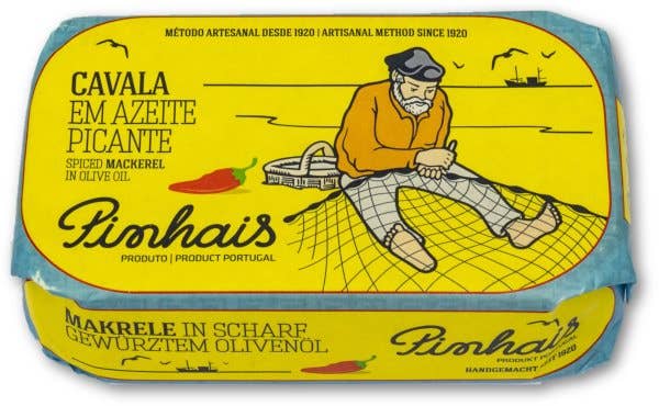 Side view of Pinhais spiced mackerel tin showing Portuguese heritage label