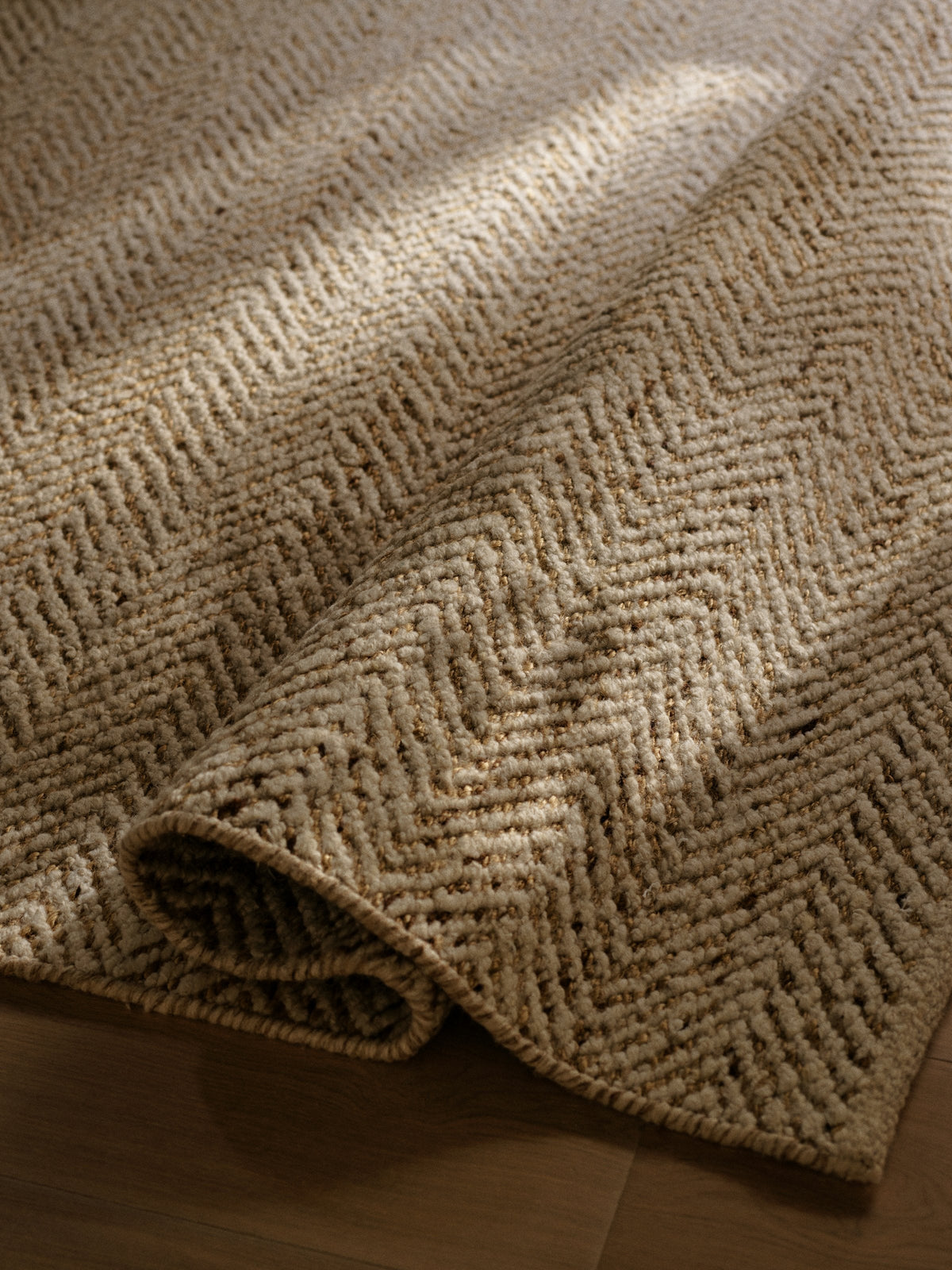 Pinnacle Rug by Armadillo, handwoven wool and jute rug, styled in a room at Calimia Home