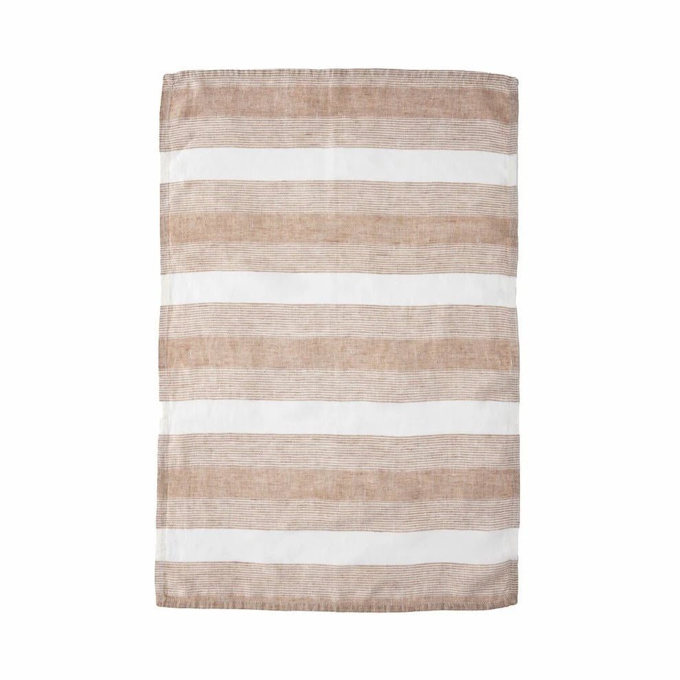 Sir Madam Porto Linens tea towel in dune featuring a striped pattern in earthy brown and white natural linen fabric