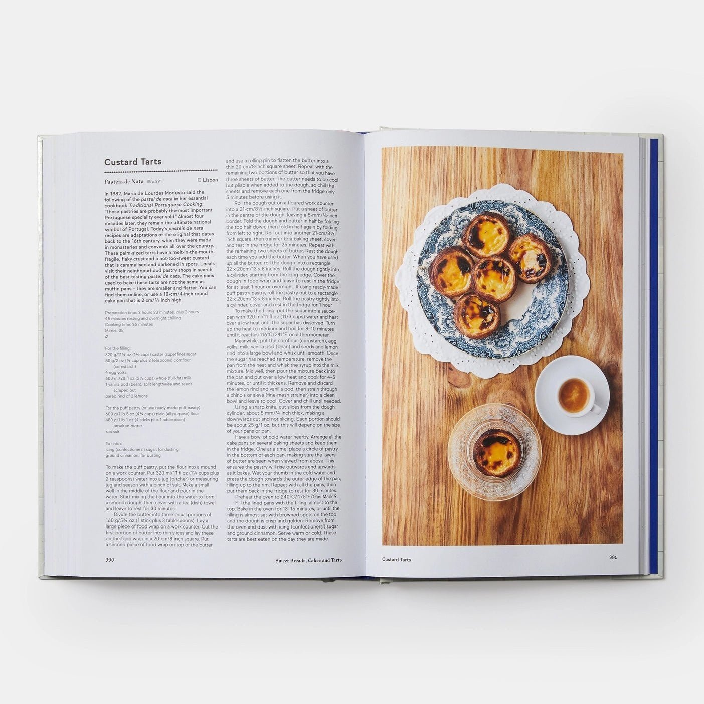 Calimia Home Portugal: The Cookbook open to a page featuring a recipe for Custard Tarts with photos of pastries and coffee