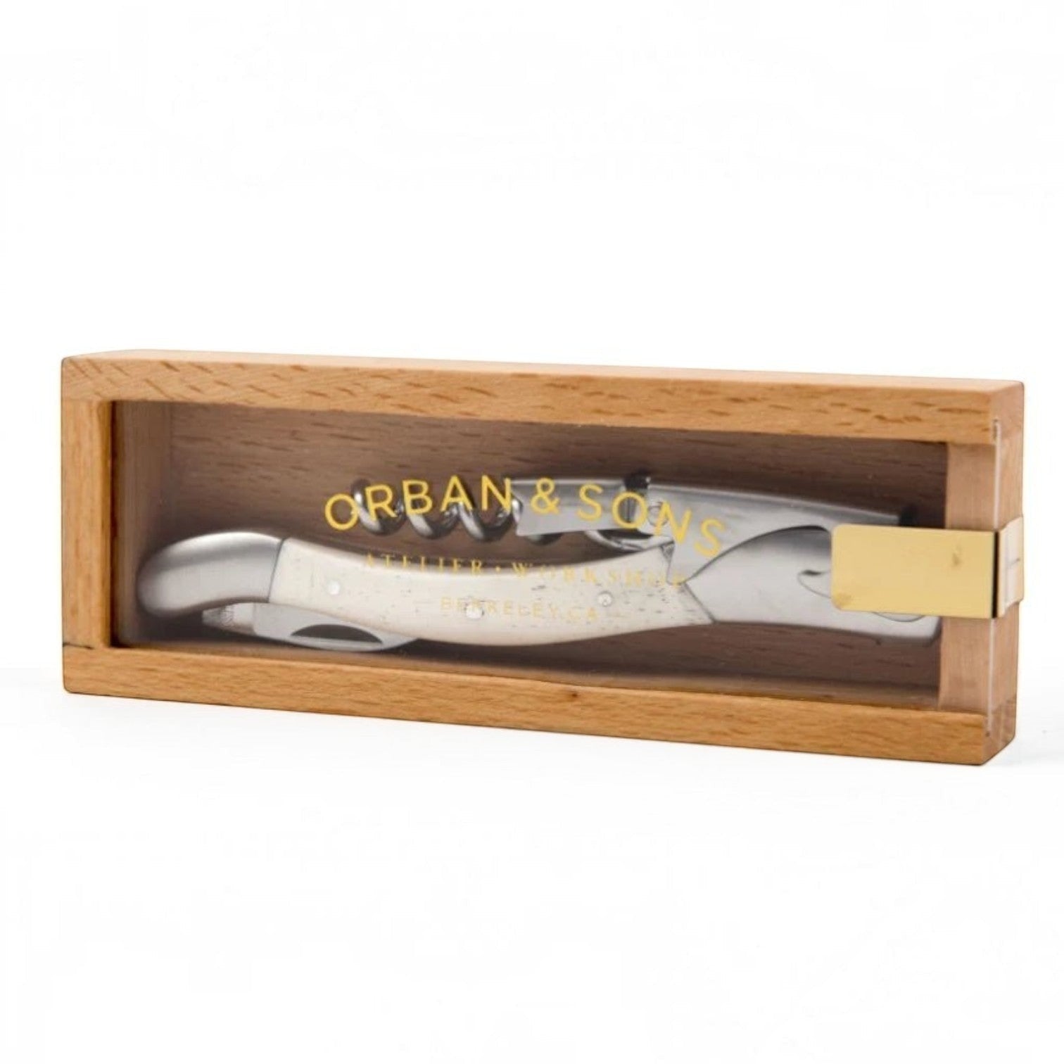 Be Home Orban & Sons bone handle waiter's corkscrew in a wooden display box with stainless steel accents.