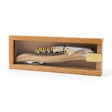 Be Home olivewood double-hinged corkscrew in a wooden presentation box with a sliding acrylic lid.