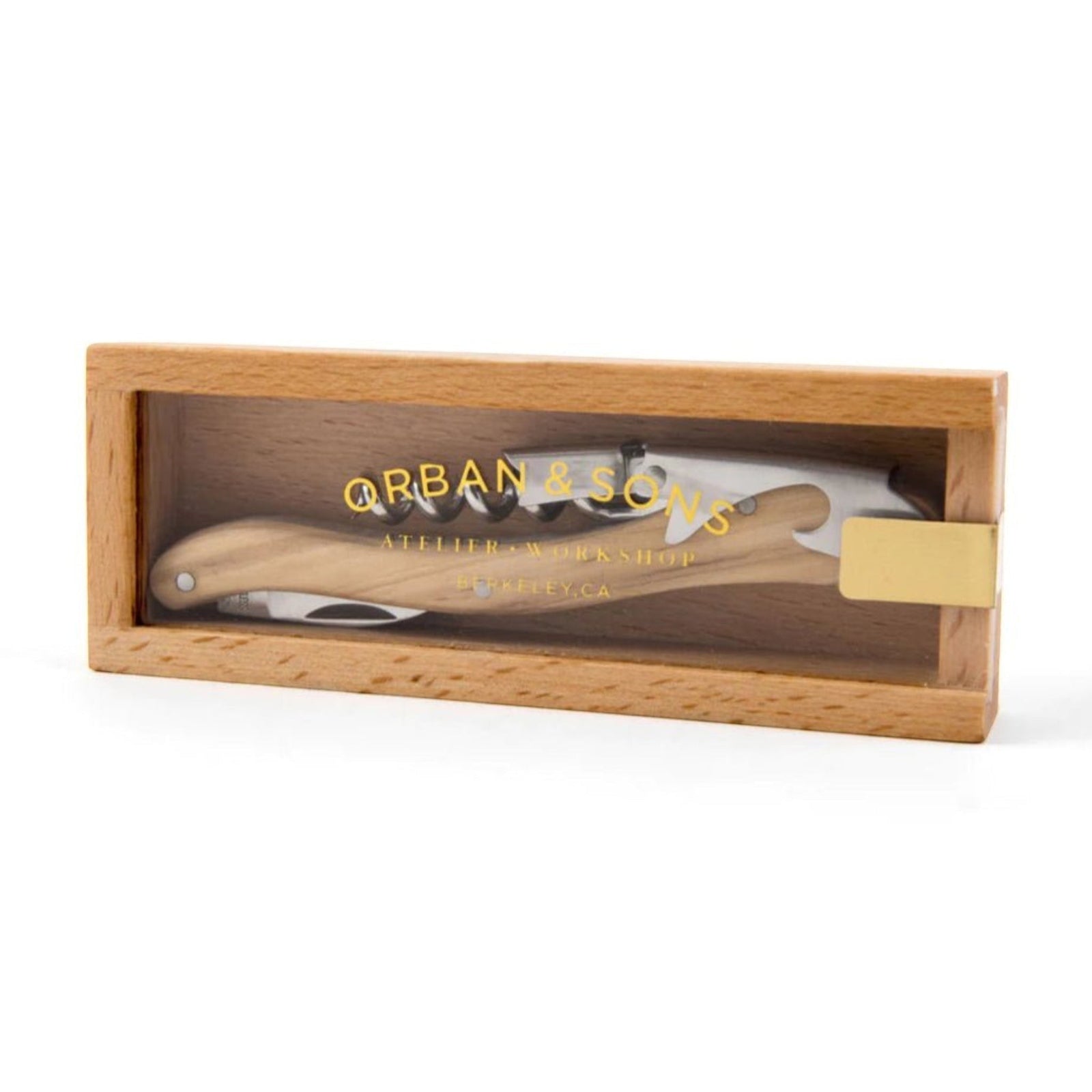 Be Home olivewood double-hinged corkscrew in a wooden presentation box with a sliding acrylic lid.