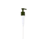A Flamingo Estate recyclable replacement pump in olive green and white stands upright on a clean white background, ready for refill bottles.