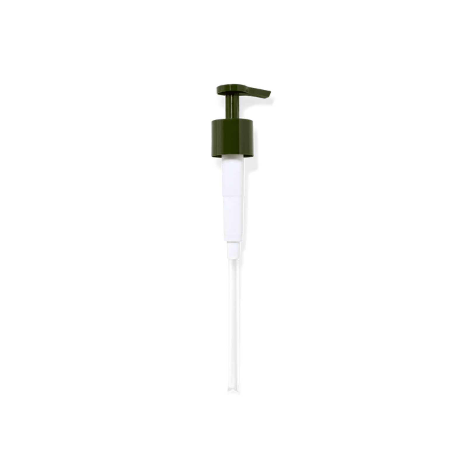 A Flamingo Estate recyclable replacement pump in olive green and white stands upright on a clean white background, ready for refill bottles.