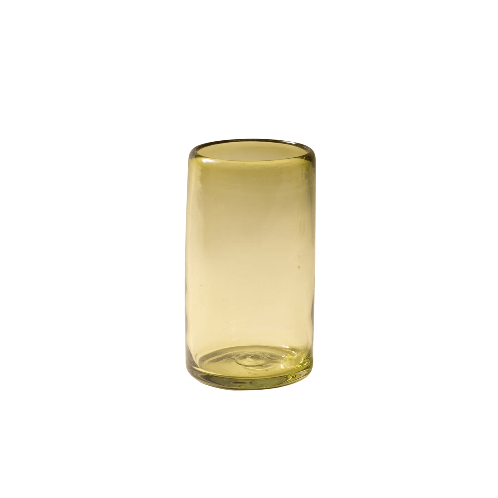 Tall recycled handblown glass tumbler in peridot on a white background, mouth-blown in Jalisco, Mexico