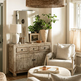 Calimia Home Reedition breakfast buffet in reclaimed pine with a whitewashed distressed finish and black metal hardware.