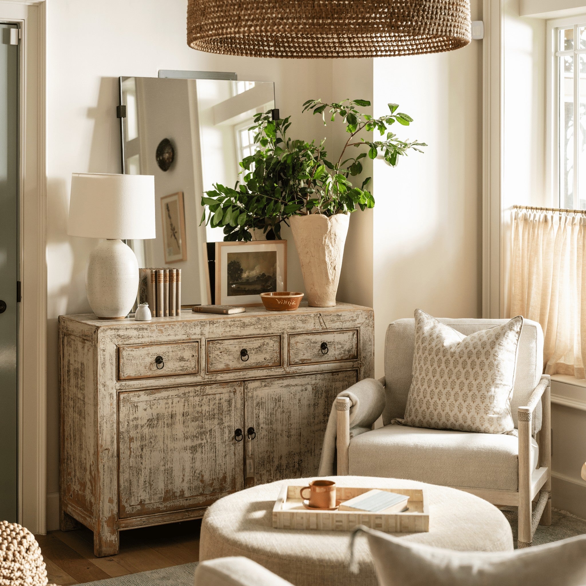 Calimia Home Reedition breakfast buffet in reclaimed pine with a whitewashed distressed finish and black metal hardware.