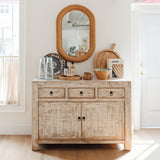 Calimia Home Reedition Breakfast Buffet in reclaimed pine with a distressed whitewashed finish and black metal pulls.