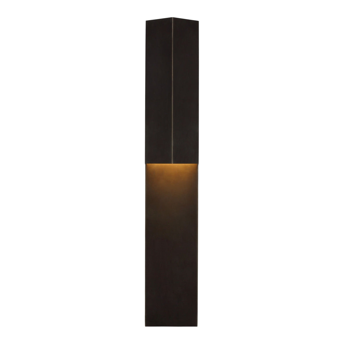 Rega 30 inch Folded Sconce in Bronze, front view of the tall folded metal wall light with LED glow at the fold