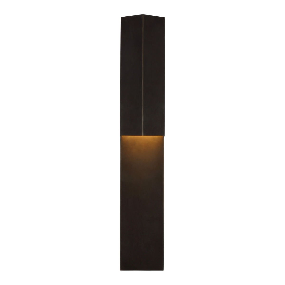 Rega 30 inch Folded Sconce in Bronze, front view of the tall folded metal wall light with LED glow at the fold