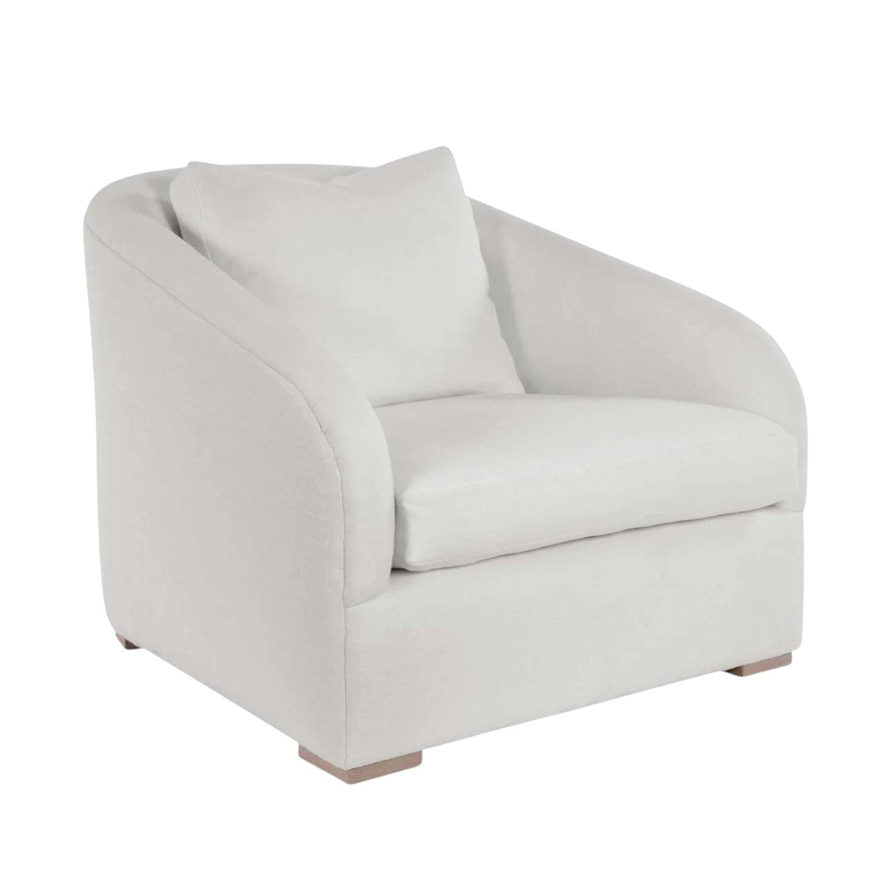 Calimia Home Reily upholstered chair in white Belgian linen with a rounded back and light oak feet.
