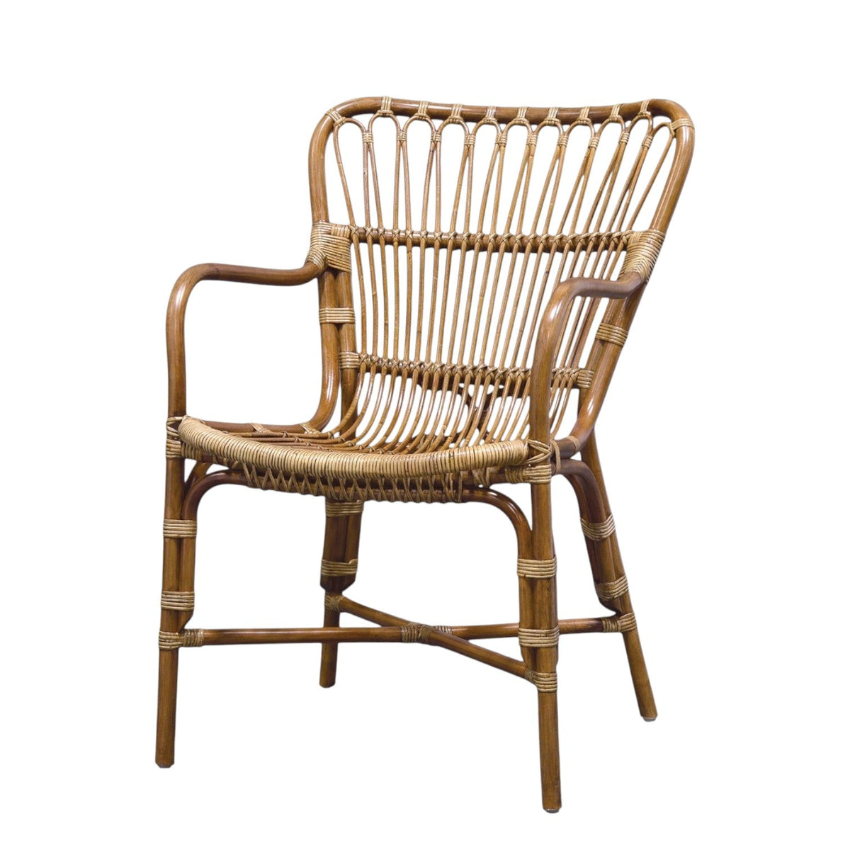 Calimia Home retro rattan dining arm chair in natural medium brown with pencil pole frame and rattan peel bindings