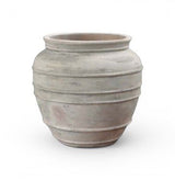 Calimia Home ribbed belly terracotta pot with a weathered grey finish and rounded sculptural design.
