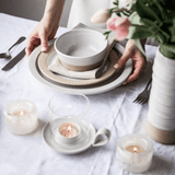Riverstone Tealight milk glaze with soft candlelight, Farmhouse Pottery