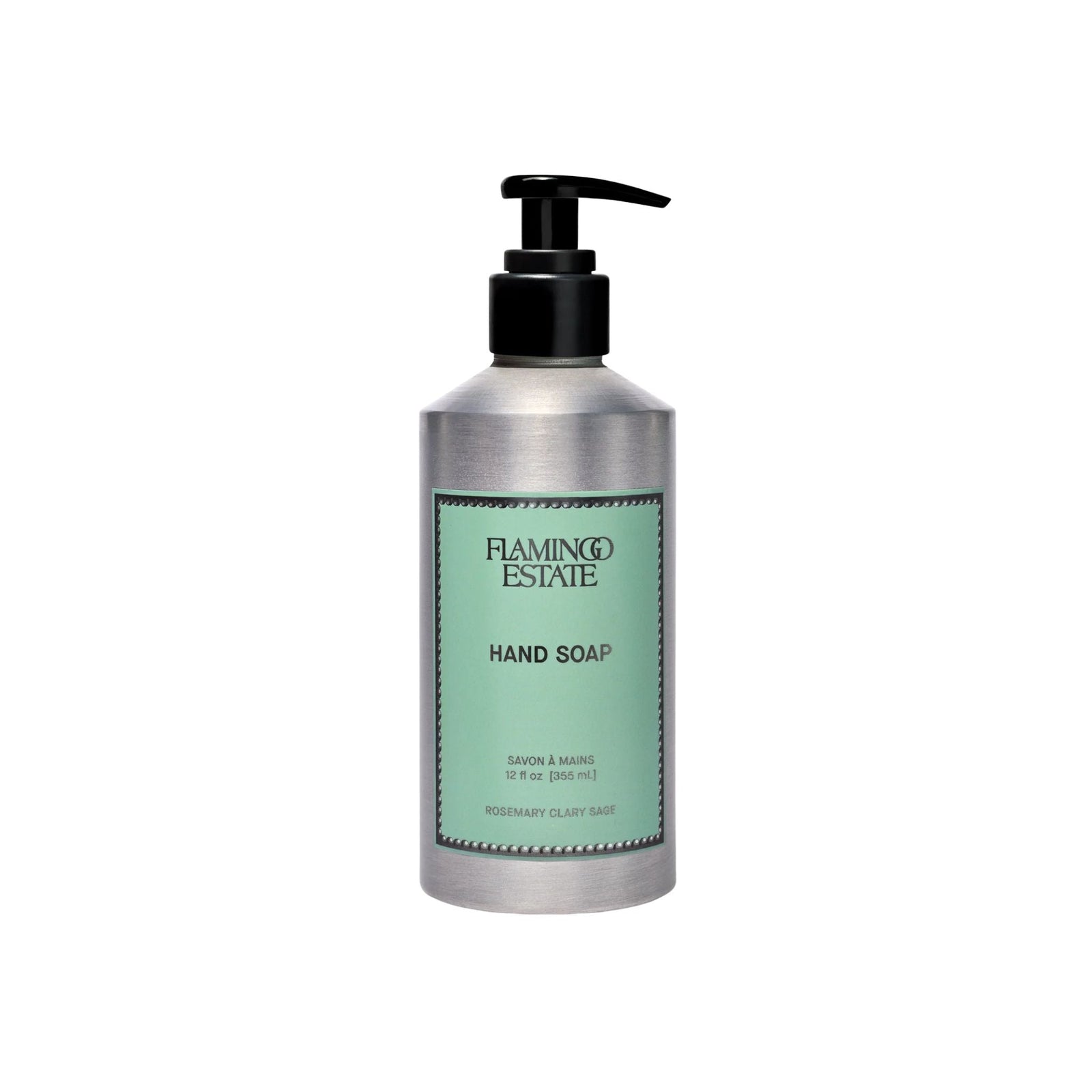 A brushed aluminum Flamingo Estate Hand Soap pump bottle with a sage-green Rosemary Clary Sage label stands centered on a clean white background.