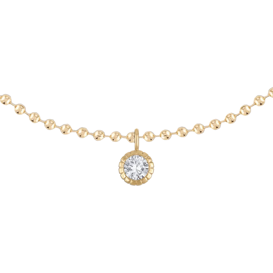 Round bezel ball chain necklace in yellow gold with crystal accents