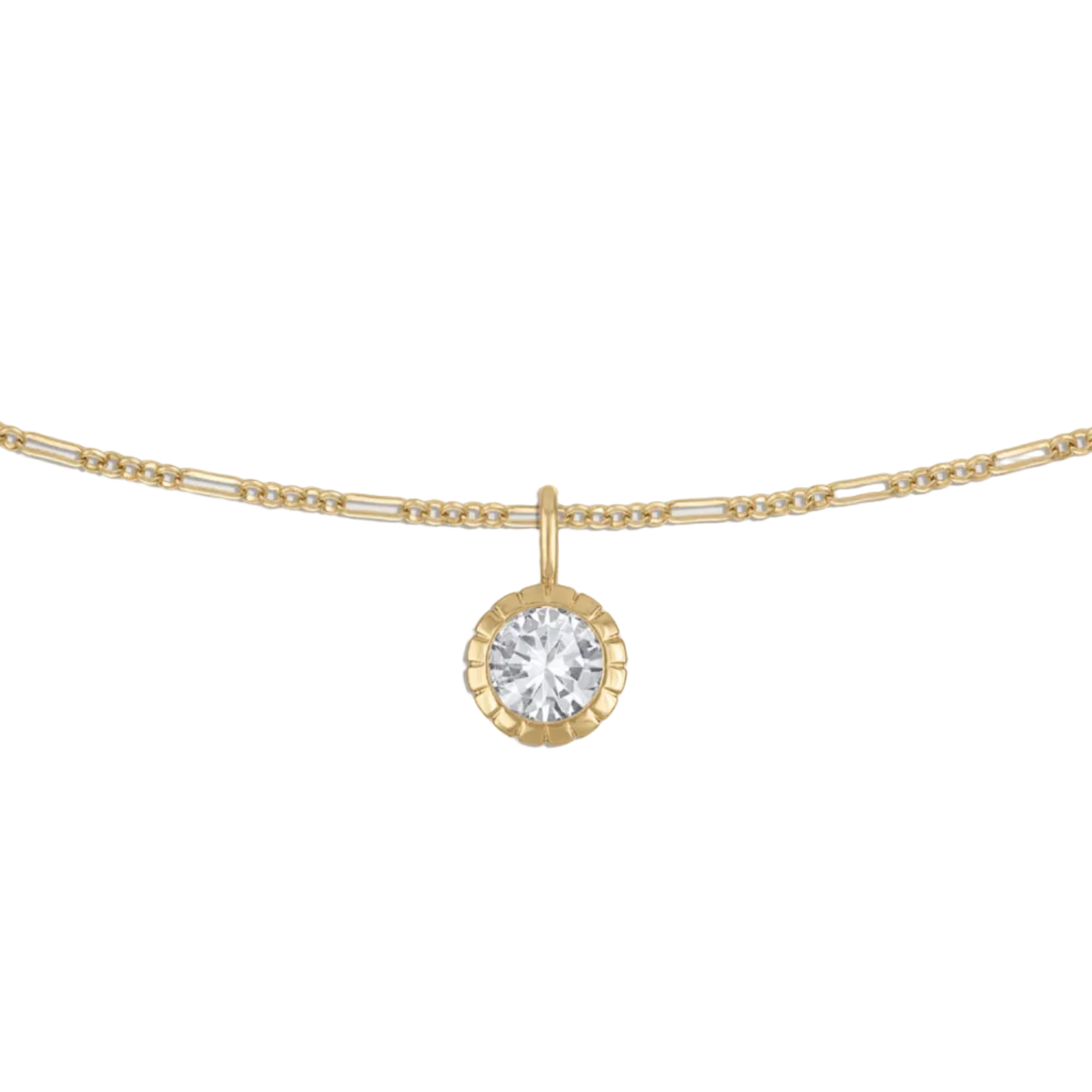 Round bezel rolo chain necklace in yellow gold on white background