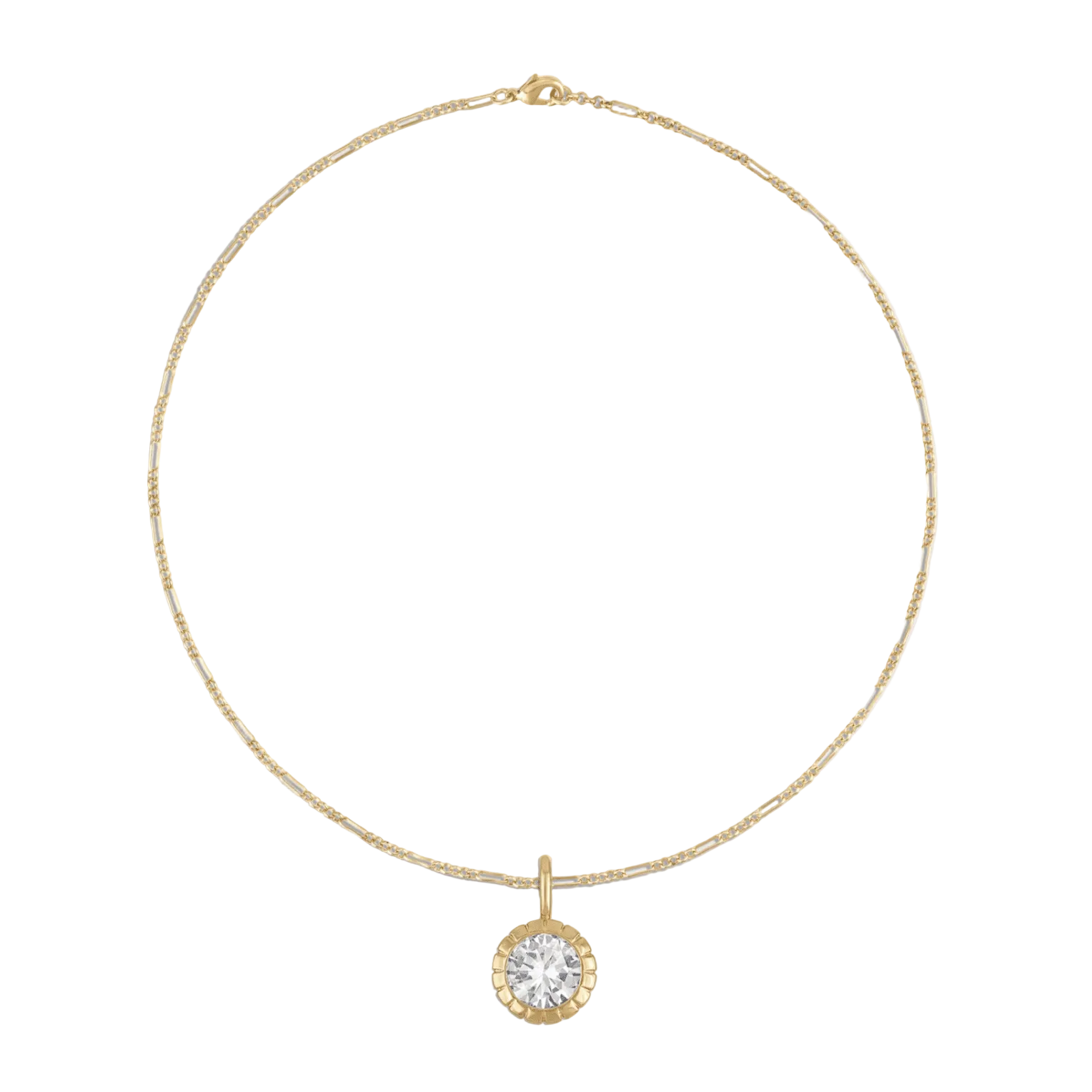 Close-up detail of bezel-set charm on gold rolo chain