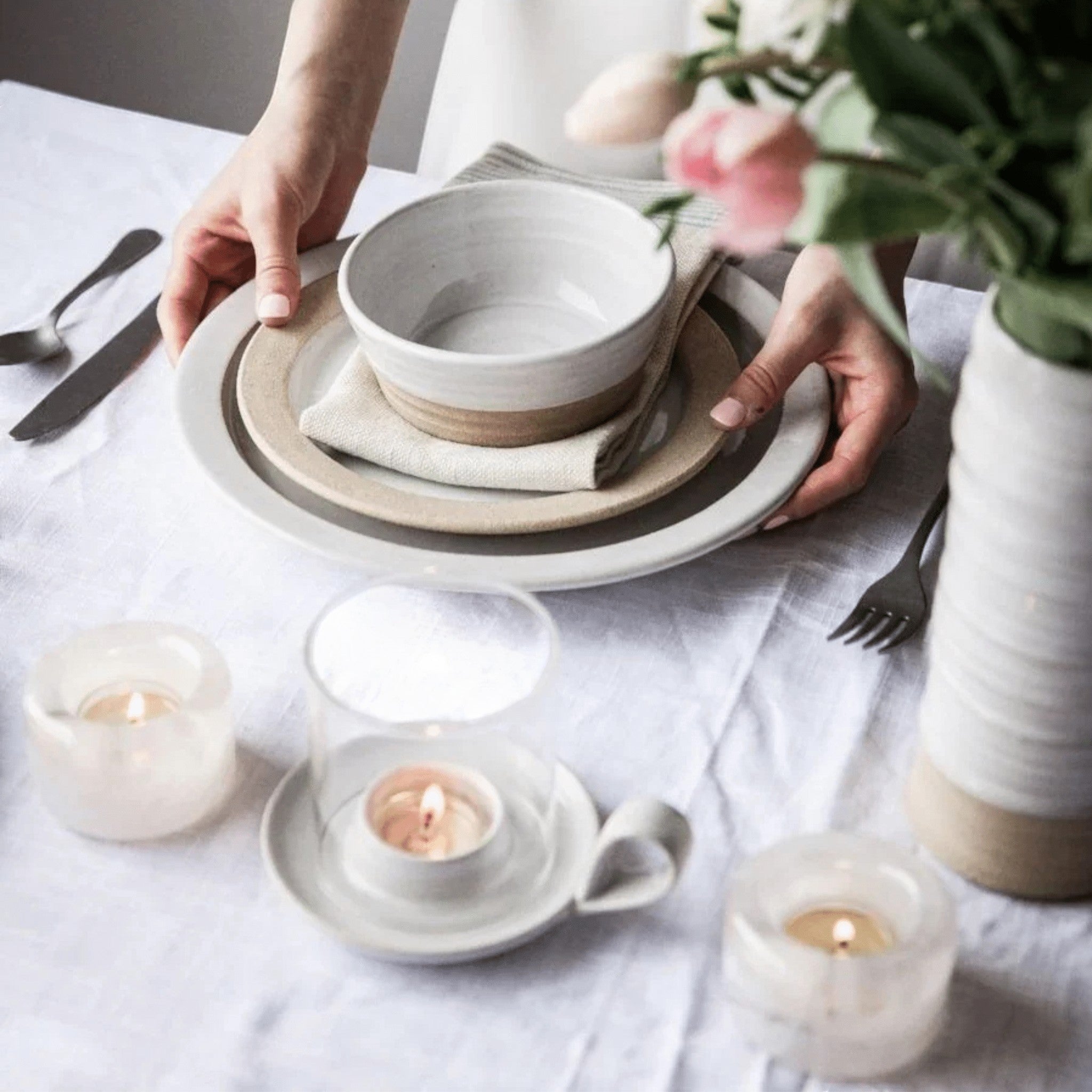 Riverstone Tealight milk glaze with soft candlelight, Farmhouse Pottery