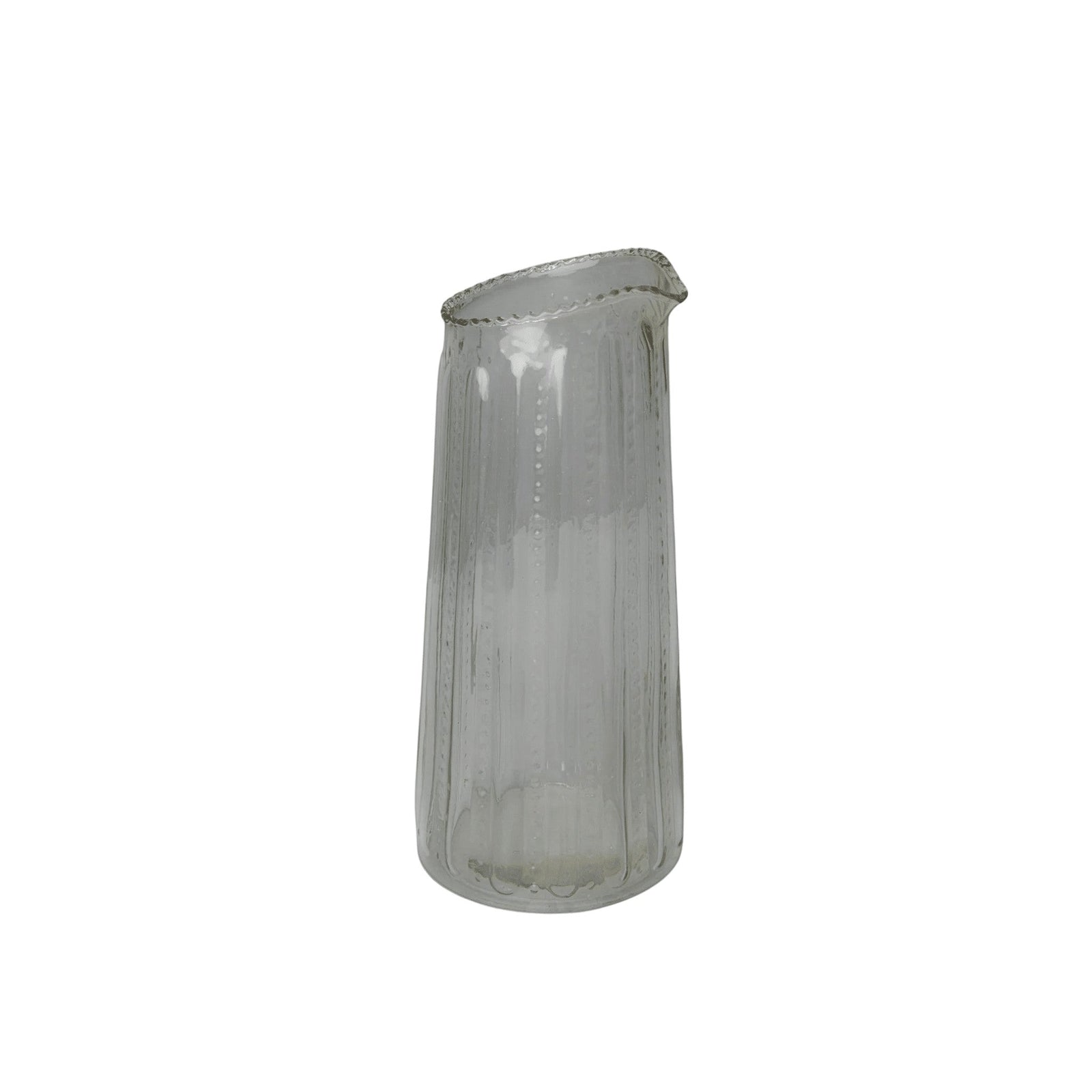 Be Home Ruffle Glass Lines Carafe with a clear, ribbed texture and elegant scalloped rim for serving drinks.