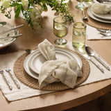 Calimia Home Rutherford natural linen napkins with subtle contrast-stitched stripes on a rustic table setting
