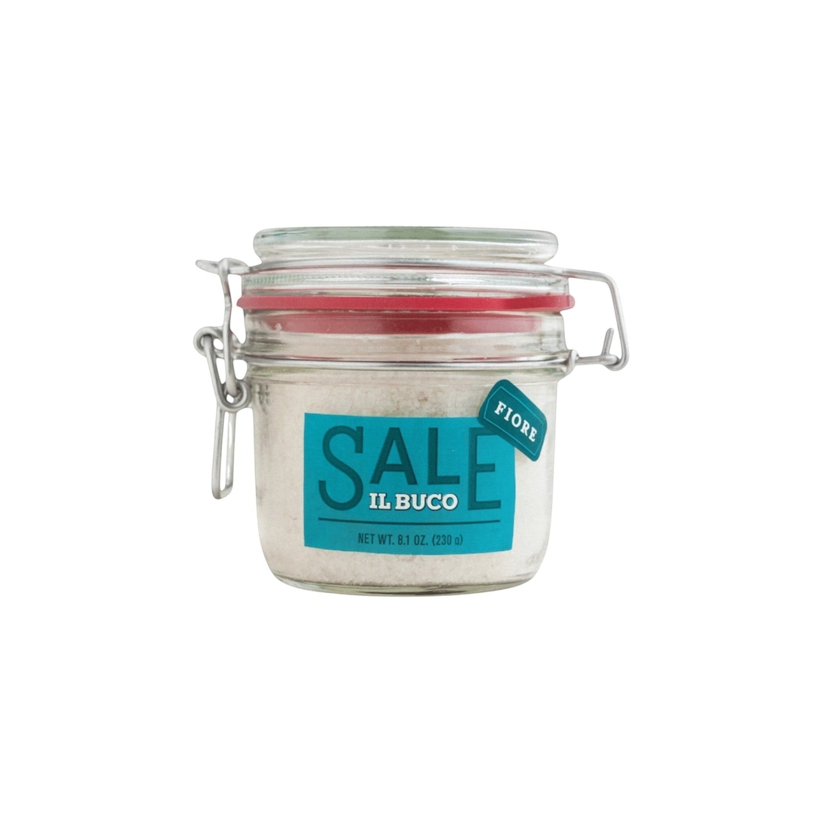 Il Buco Fiore di Sale finishing salt in a glass jar with a red rubber seal and metal clamp closure.