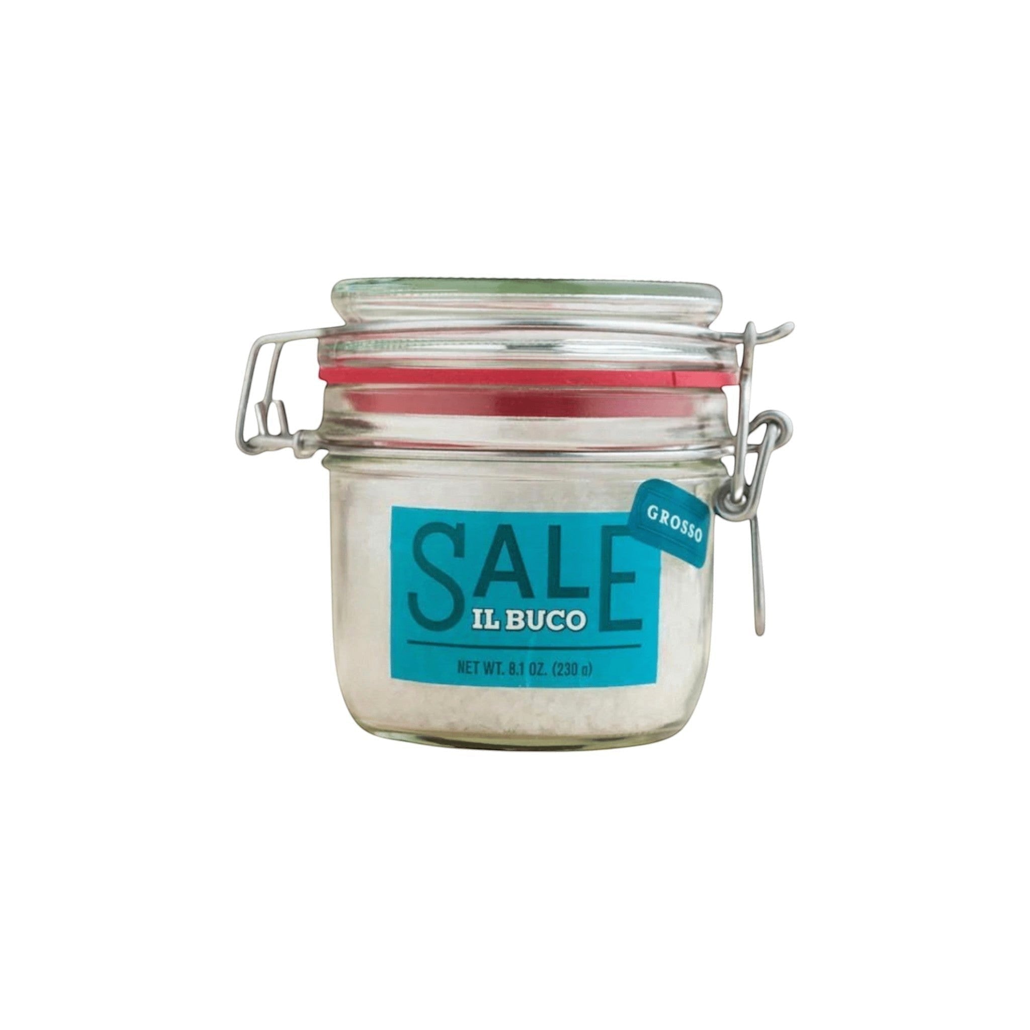 Il Buco Sale Grosso coarse Italian sea salt in a clear glass jar with a red rubber seal and metal clamp lid