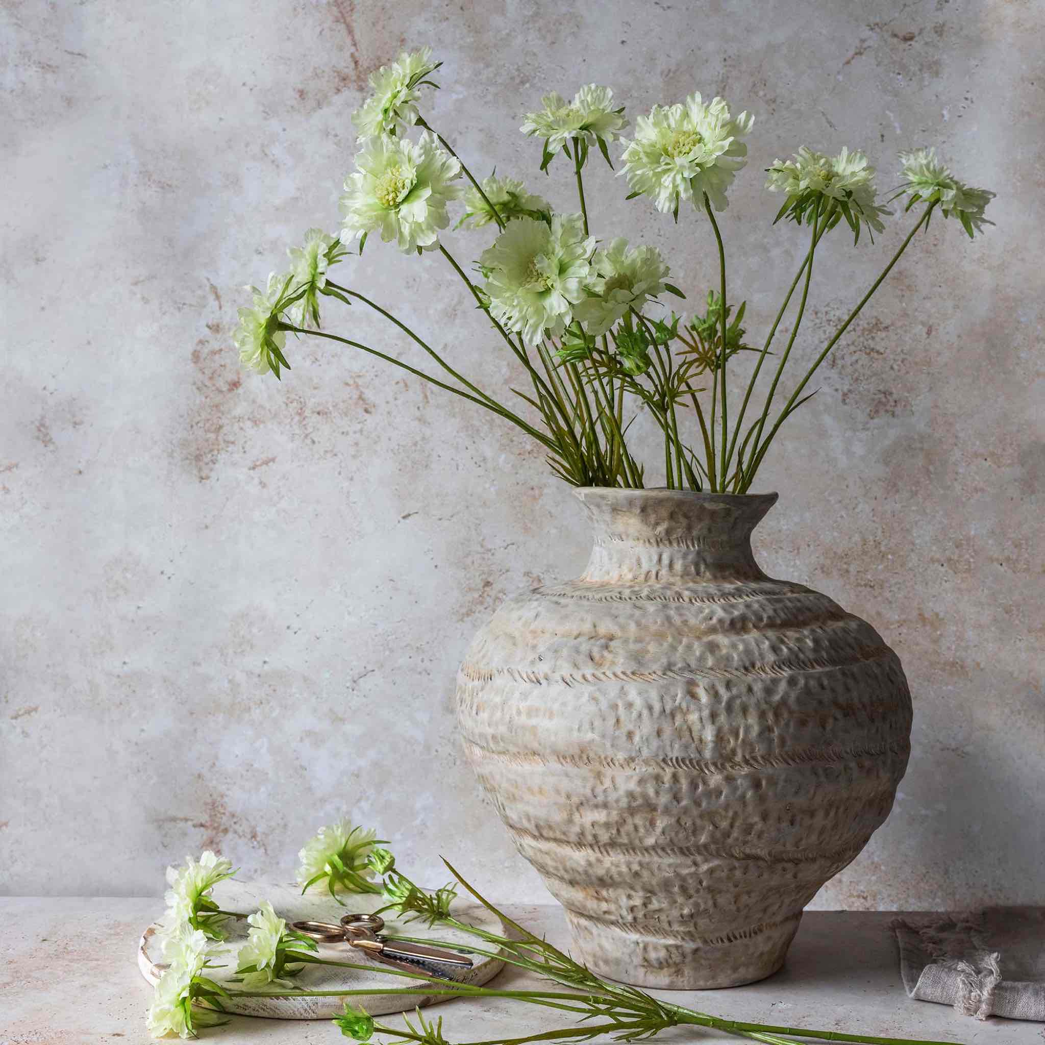 Artificial Scabious Flower in Cream by Abigail Ahern on white background, single stem with delicate pincushion-like flower heads
