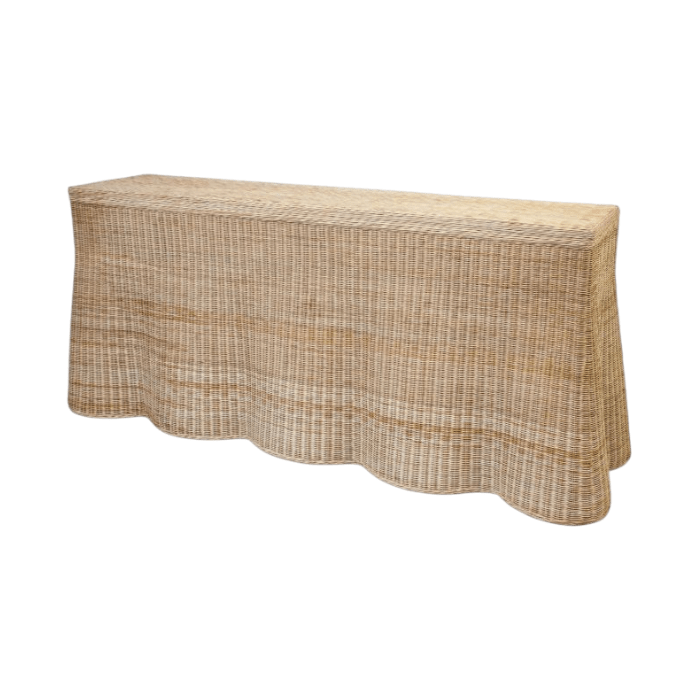 Calimia Home Scallop Console in natural rattan with a soft scalloped edge design for entryways or living rooms.