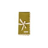 Maison Poire olive cotton linen napkin with an ivory scalloped edge, folded and tied with ribbon