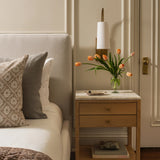 Primary bedroom walls painted in Farrow & Ball Slipper Satin No.2004, nightstand detail, Calimia Home Greenway project